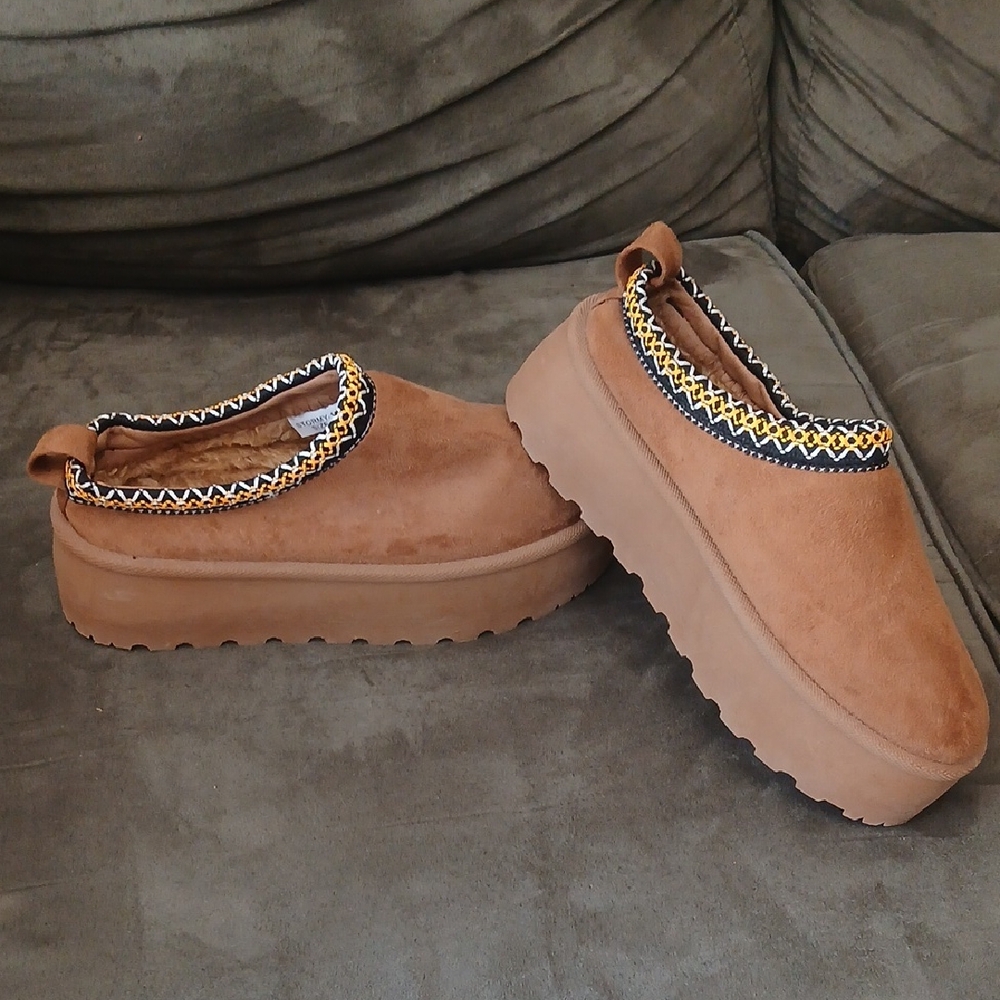 Mudd Tan Platform Clog Mules with Braided Trim